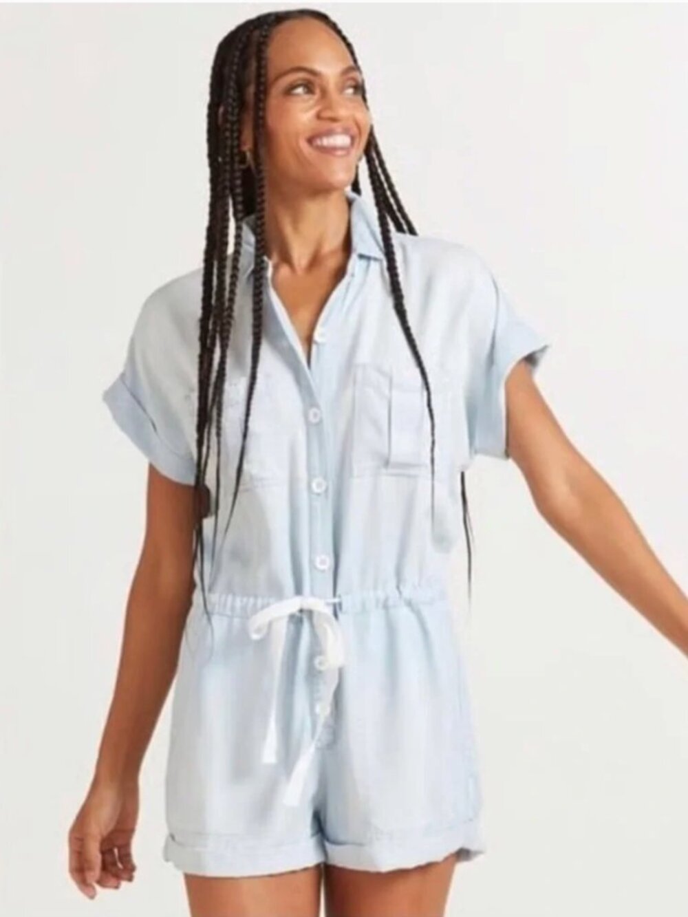 Cloth & Stone | Light Blue Tencel Chambray Cap Sleeve Button Down Romper Medium